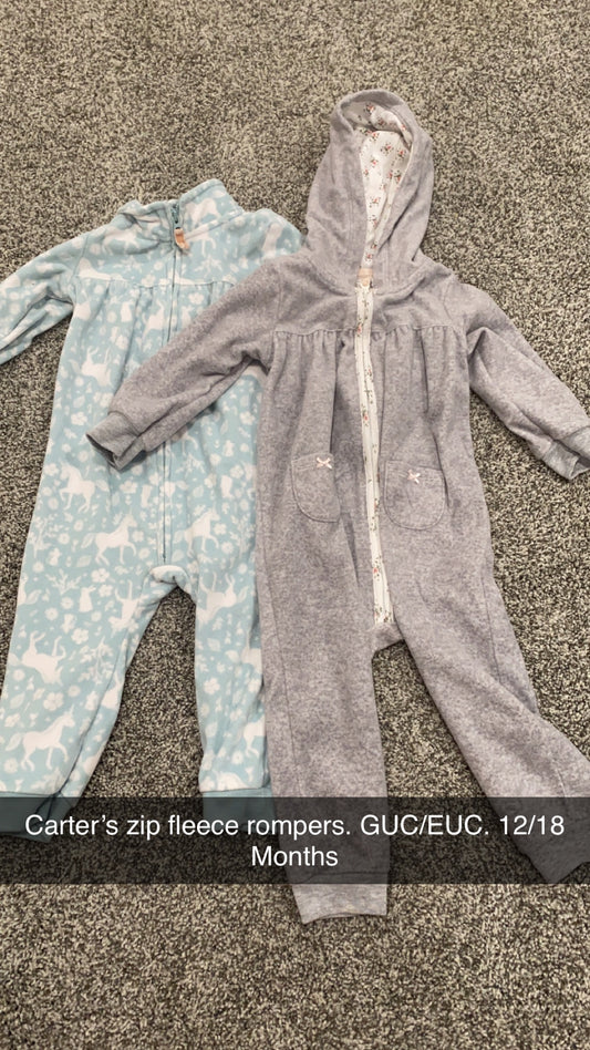 12-18 Carter’s Zip Fleece Rompers