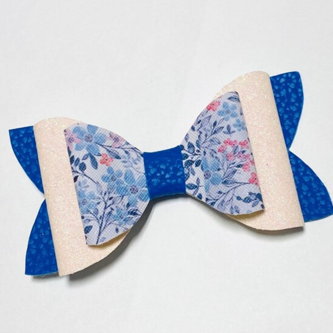 Blue Floral Glittery Stacked Bow