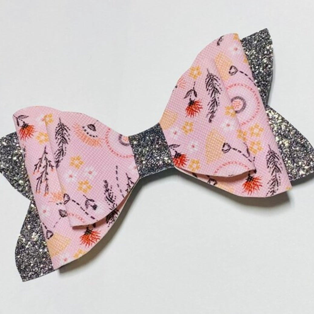 Silver and Pink Floral Glittery Stacked Bow