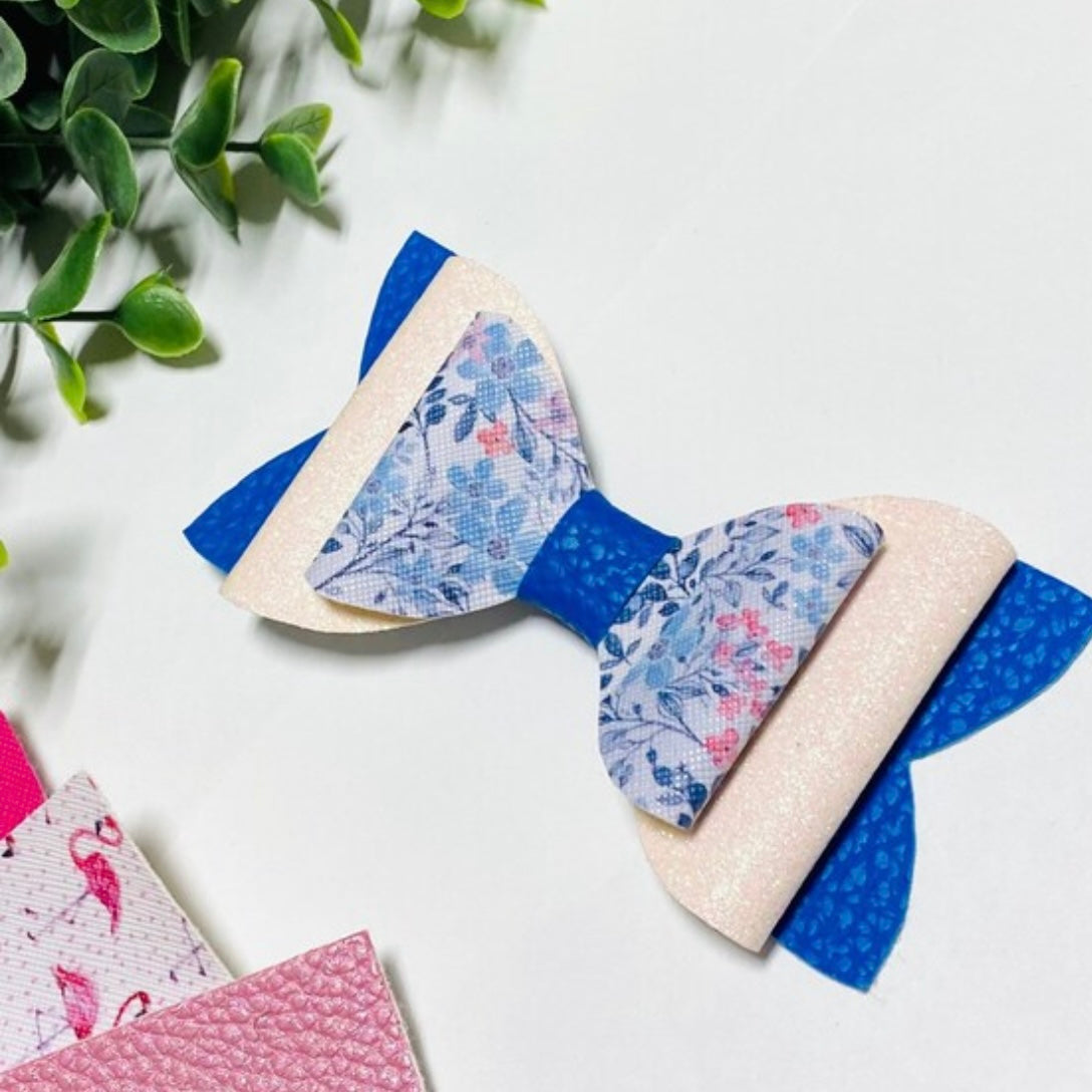 Blue Floral Glittery Stacked Bow