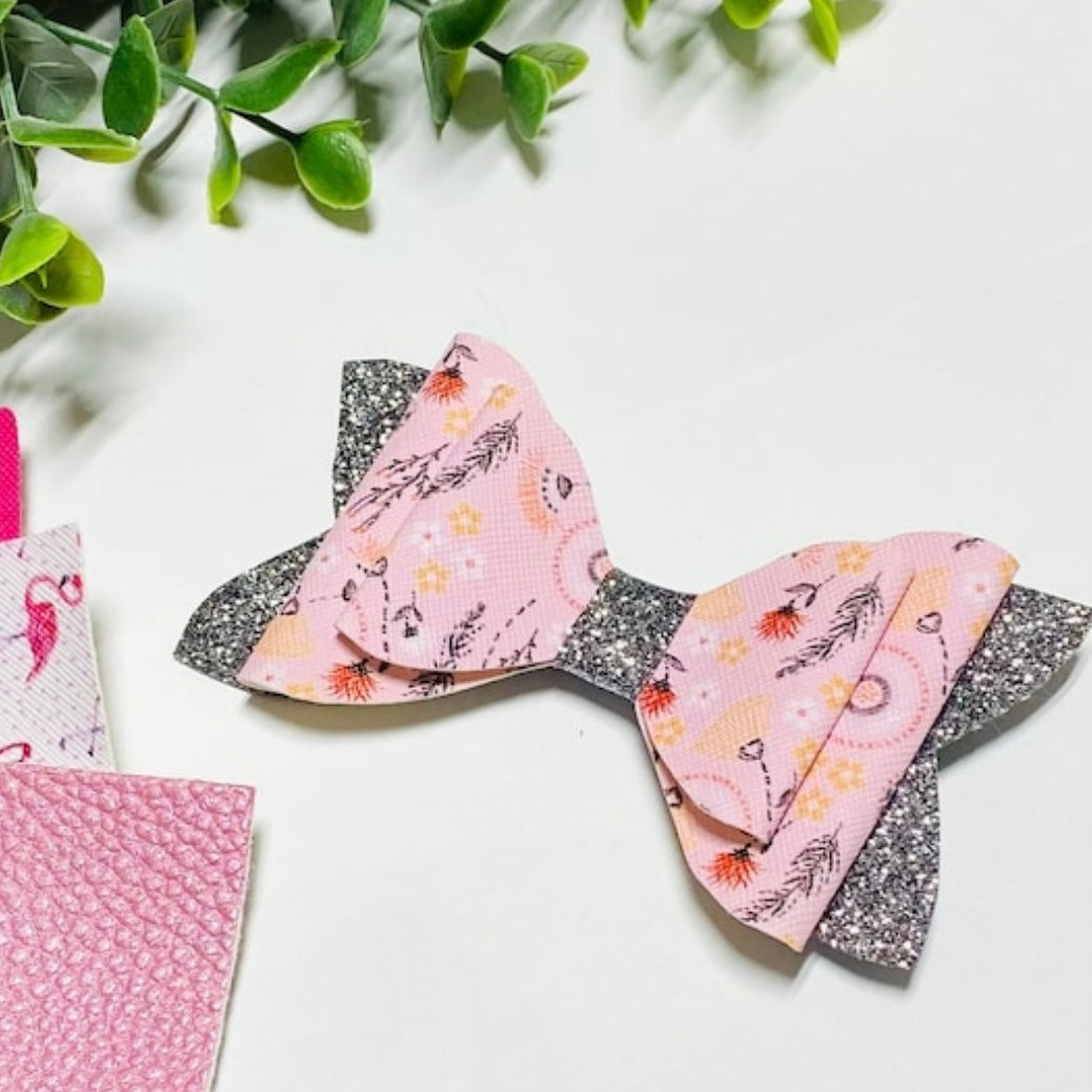 Silver and Pink Floral Glittery Stacked Bow