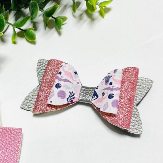 Silver and Pink Dinosaur Glittery Stacked Bow