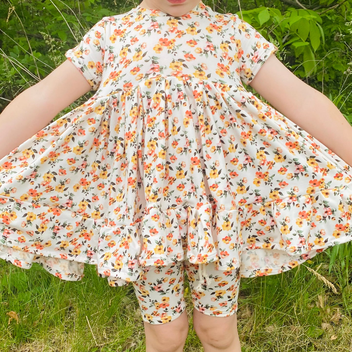 White Floral Double Ruffle Bike Shorts//Leggings Set