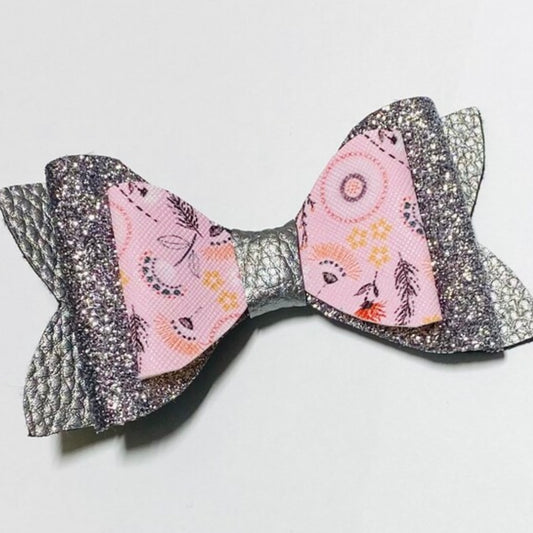 Pink + Silver Floral Glittery Stacked Bow