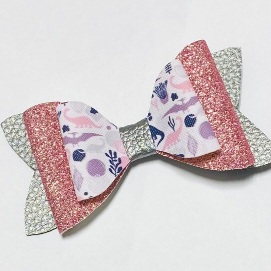 Silver and Pink Dinosaur Glittery Stacked Bow